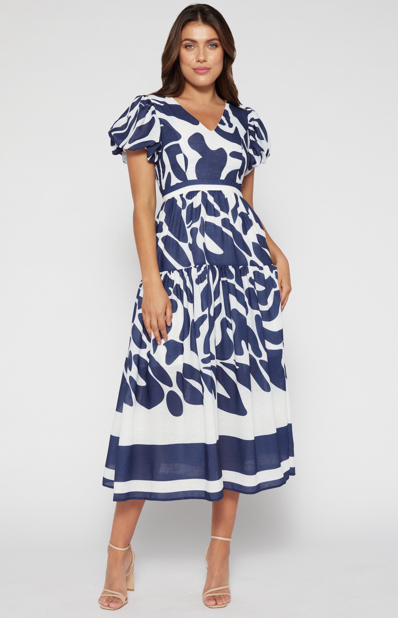 Elegant navy blue dress featuring a contrast waist panel design.