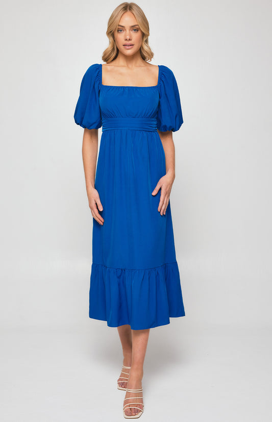Cobalt blue dress: poly fabrication, square neckline, short bubble sleeves, pleated waist & gathered hem design, lined, midi length - trendy & elegant attire